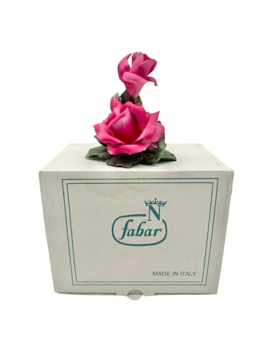 Capodimonte Rose Porcelain Figurine Dk Pink Green Made In Italy Original Box